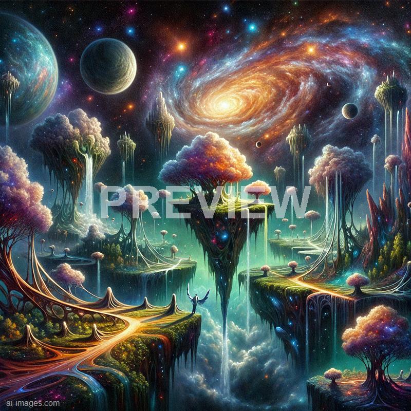 A fantastical scene of floating islands connected by glowing bridges, with lush, colorful trees and waterfalls cascading from the edges. In the background, a vibrant galaxy with swirling stars, planets, and cosmic dust fills the sky, creating a surreal, otherworldly atmosphere. A small winged figure stands on one of the islands, gazing up at the cosmic spectacle, blending elements of fantasy and space.